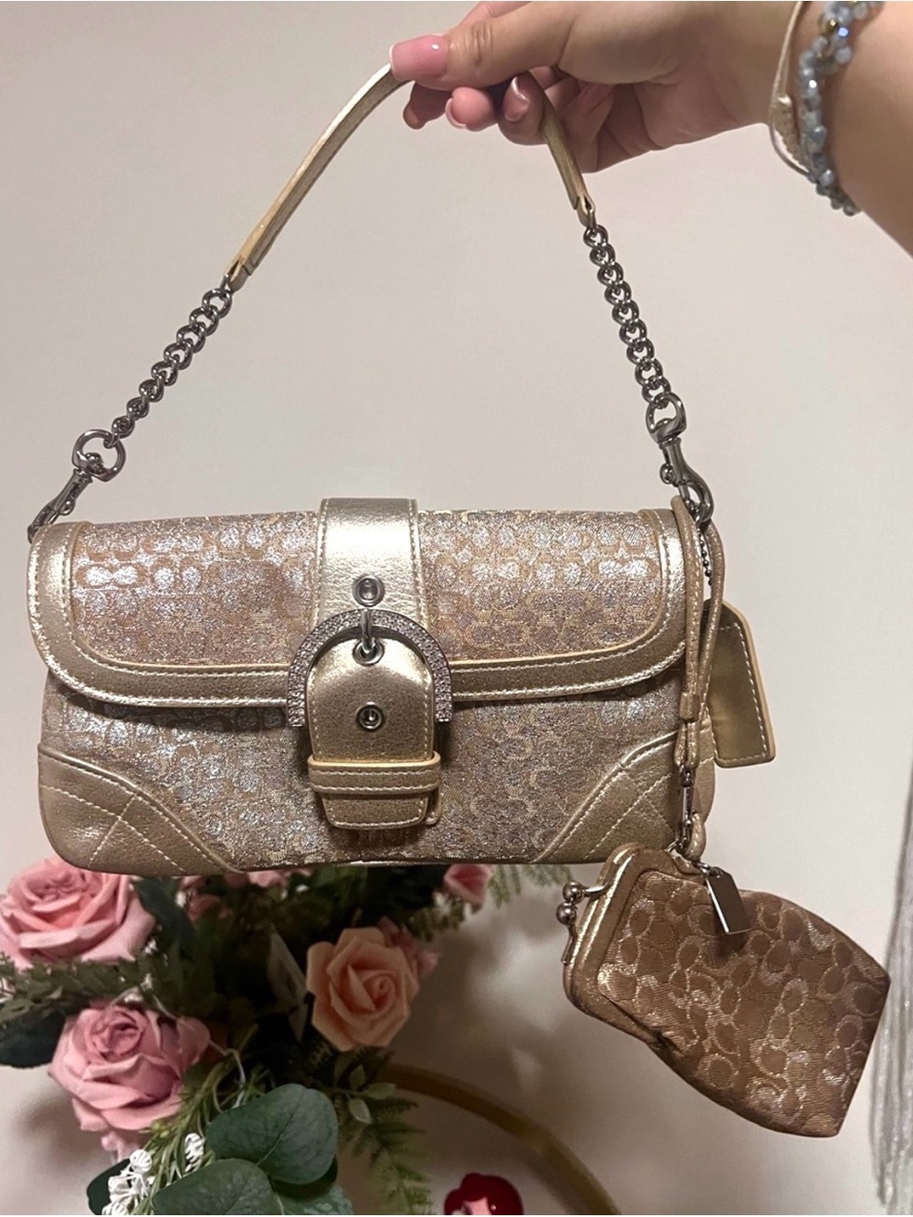RARE Gold Metallic Coach Bag Shoulder Bag with Lipstick Case locket